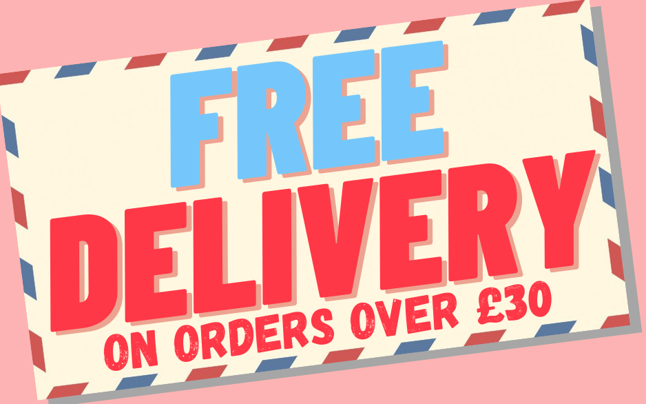 Voucher showing 'Free Delivery on orders over £30'. Pink and blue text with a pale pink background.